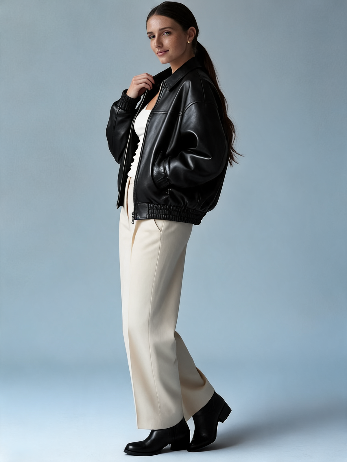 Chaqueta bómber cuero negra perfil