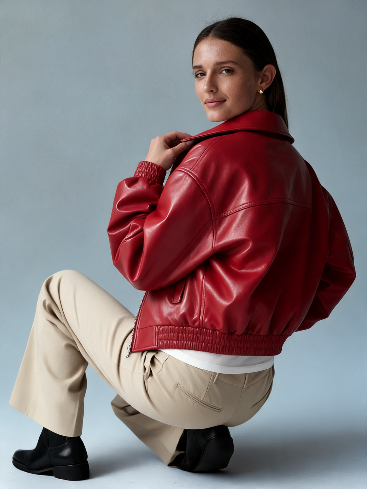 Chaqueta bómber cuero roja perfil
